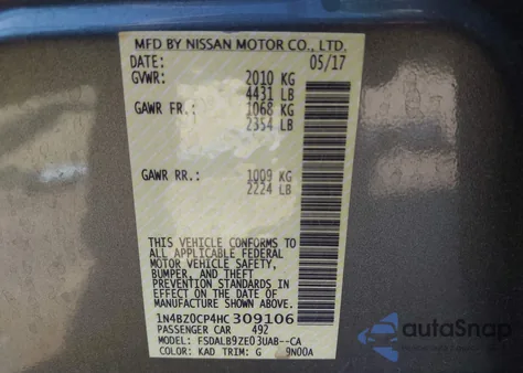 2017 Nissan Leaf S z USA, uszkodzony, nr VIN 1N4BZ0CP4HC309106